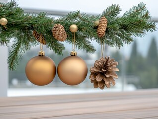 Elegant Christmas decorations featuring golden ornaments and pine cones on a lush green branch.