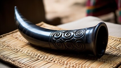 A black, carved, drinking horn with Celtic knotwork design lies on a woven mat.