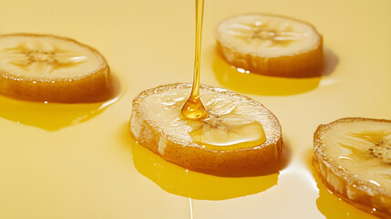 Poster - Banana slices covered with honey, isolated on yellow background, sweet healthy fruit snack