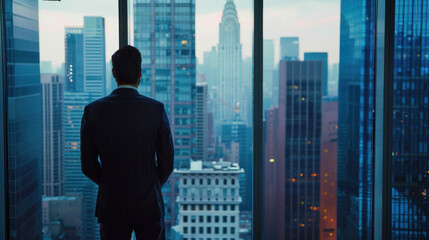 Wall Mural - An international CEO in a high-rise office overlooking a financial district, reviewing data on global performance and planning for future expansion.