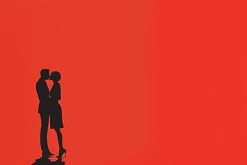 Romantic silhouette of loving couple kiss, red background, Valentines Day, 14 February. Happy Lovers, profile, postcard, greeting card, concept illustration, website header, celebration, design.