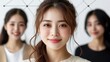 © chic designs - 背景に友人がいる自信に満ちた若い女性: 現代の社会的つながりのコンセプト