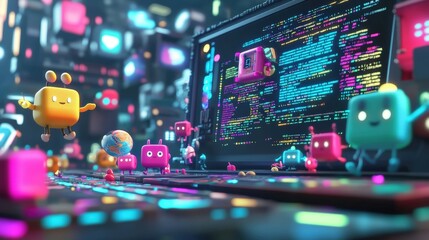 Colorful cartoon characters near a computer screen showing code.