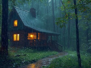 Poster - Cozy Cabin in the Woods During a Gentle Rainstorm with Warm Glowing Lights