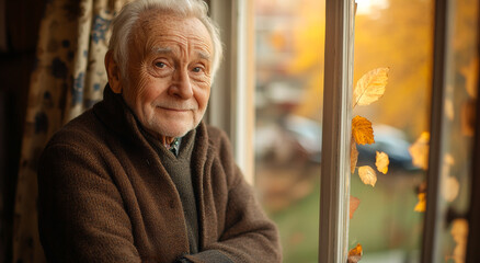 An older man is smiling at the camera while wearing a brown coat. The scene takes place in a room with a window, and there are leaves on the window sill