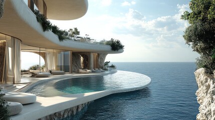 Wall Mural - Modern minimalist villa with an infinity pool overlooking the ocean.