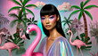 © chand - dreamy portrait of woman with inflatable pink flamingo, surreal fantasy background