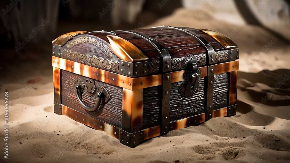 A closed wooden treasure chest with metal accents sits on a sandy ...