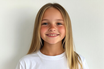 Wall Mural - young girl with straight blonde hair smiles brightly, radiating joy and innocence. Her cheerful expression and casual white t shirt create warm and inviting atmosphere