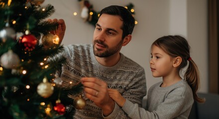 Father daughter decorating Christmas tree together