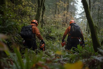 Workers Using Chainsaws in a Lush Forest Setting