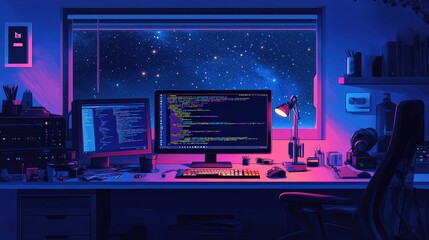 Nighttime workspace with starry window and code.