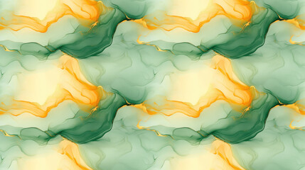 Seamless abstract pattern featuring olive ink spreading in water with hints of yellow and mint ideal for fluid art projects backgrounds and textile designs