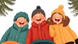 © Hoolity - Three joyful children wearing colorful jackets, smiling and enjoying a winter day in the snow with greenery around them.
