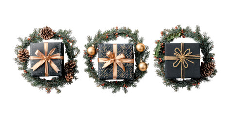 Wall Mural - christmas decoration with circle frame pine branches,, black gift, golden bells, holly leaves, and r