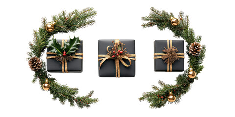 Wall Mural - christmas decoration with circle frame pine branches,, black gift, golden bells, holly leaves, and r