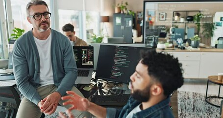 Fototapete - Men, talking and computer screen with coding in office for software development, website update and feedback. People, discussion and programming with IT team, script language and server maintenance