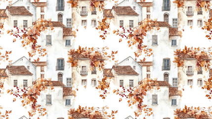 Seamless watercolor pattern of old European town street facades adorned with dry vines and berries perfect for travel themed designs