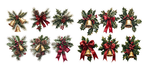 Wall Mural - set of christmas decoration with pine branches, golden bells, holly leaves, and red ribbon isolated 