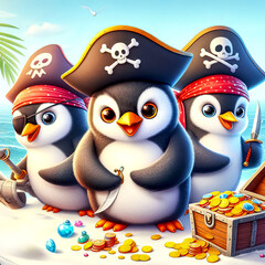 funny Penguins pirates dressed in pirate clothes and armed with pirate pistols and knives against the background of a sea of ??palm trees and treasure chests