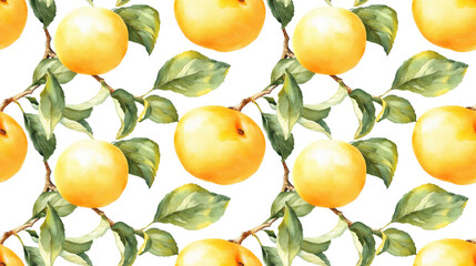 Wall Mural - Seamless watercolor pattern featuring two yellow green Japanese apricots with vibrant leaves on a clean white background