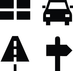 Vector black car road icons set. Highway symbols. Road signs