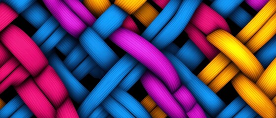 Poster - A vibrant pattern of intertwined, colored strands showcasing blue, pink, and yellow hues, forming a visually striking abstract design.