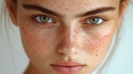 Aufkleber - A close-up shot features a young woman with captivating green eyes and prominent freckles, showcasing her natural beauty in soft, natural light.