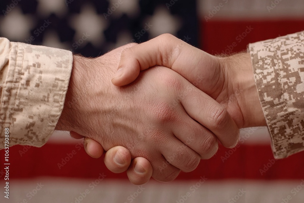 Two hands shaking in front of an American flag, symbolizing unity and ...