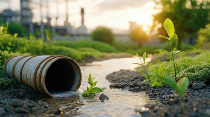 Industrial plant releases wastewater from rusty pipe into river at sunset, exposing environmental pollution