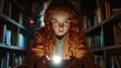 © Dulemegapixel - A red-haired girl holds a glowing book in a dim library, eyes wide with curiosity, encapsulating a magical moment of discovery and wonder.