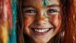 © Dulemegapixel - A close-up of a girl's face, painted with vibrant colors, expressing pure joy and creativity, capturing a moment of youthful exuberance and artistic freedom.