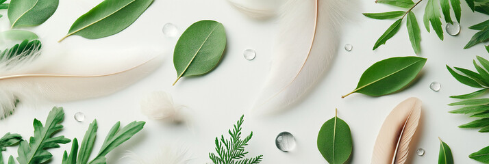 Canvas Print - Soft white feathers and lush green leaves on a white background.