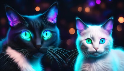 Naklejka na meble black cat with blue and green eyes with a white cat with blue eyes