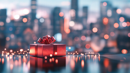 Sticker - A pink gift box with a red bow sits on a reflective surface with a blurred city skyline in the background.