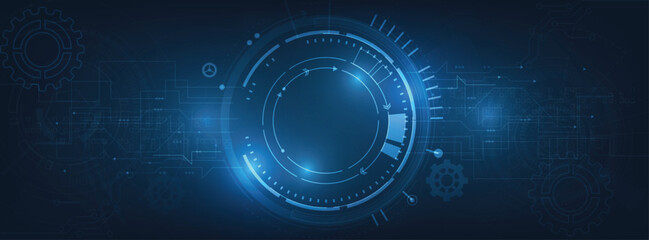 Abstract digital blue background with a glowing circular interface and circuit patterns, symbolizing advanced technology and innovation.