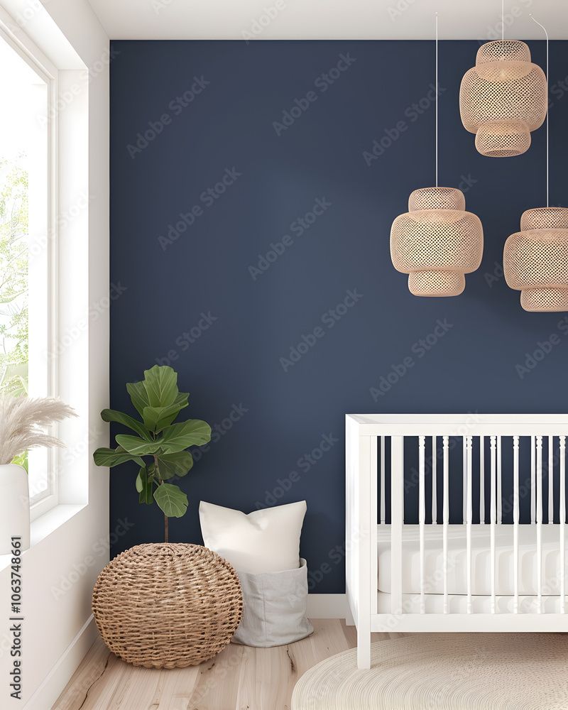 Elegant baby nursery with navy blue walls, white crib, and soft ...