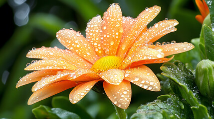 Wall Mural - vibrant orange daisy adorned with morning dew drops, showcasing nature beauty