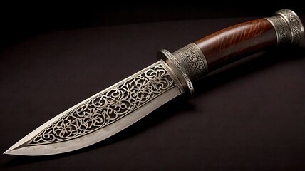 Ornate silver dagger with a wooden handle on a black background.