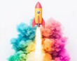 © Rossarin - A colorful rocket launching amidst vibrant clouds of smoke in a dynamic and playful composition.