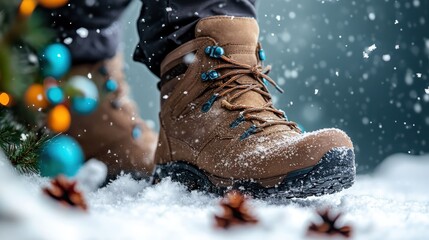 A detailed close-up view of a sturdy brown hiking boot in a snowy setting, accompanied by a hint of Christmas decorations, creating a wintry atmosphere around.