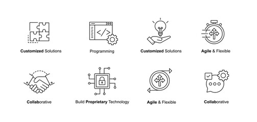 Customisable Agile Development and Collaboration Icons for Technology Solutions, Engineering, and Project Management. Agile and Flexible Icons. Build Proprietary Technology with Custom Solutions.