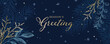 © Nadiia - Festive holiday banner design with pine and eucalyptus leaves for Christmas celebration. Season's Greeting text with gold and blue botanical illustrations on dark blue background.
