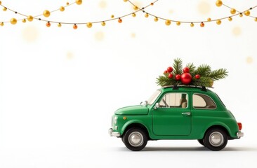  Green car with christmas decorations on white background space for text or logo. Delivery and transportation concept