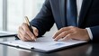 © AI Photo Stock - A businessman in a suit reviews a contract and signs documents, symbolizing legal agreements, business deals, professional services, and financial transactions.