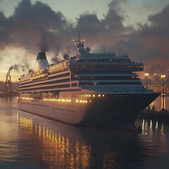 Wall Mural - Cruise ship at night docked in illuminated harbor.