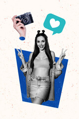 Vertical photo collage of happy girl show peace gesture pose retro camera cadre heart like notification isolated on painted background