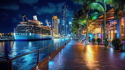 Wall Mural - Cruise ship docked at modern city harbor at night.