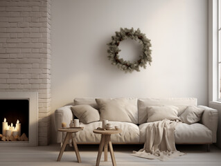 Christmas wreath on the wall in simple minimalist living room in neutral colors. Minimalist festive Christmas decor in interior.