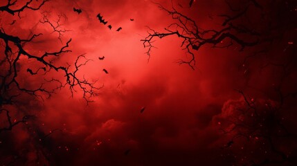 Spooky Halloween banner featuring an ominous red sky with silhouettes of branches and bats, symbolizing mystery, darkness, fear, night, and the supernatural.